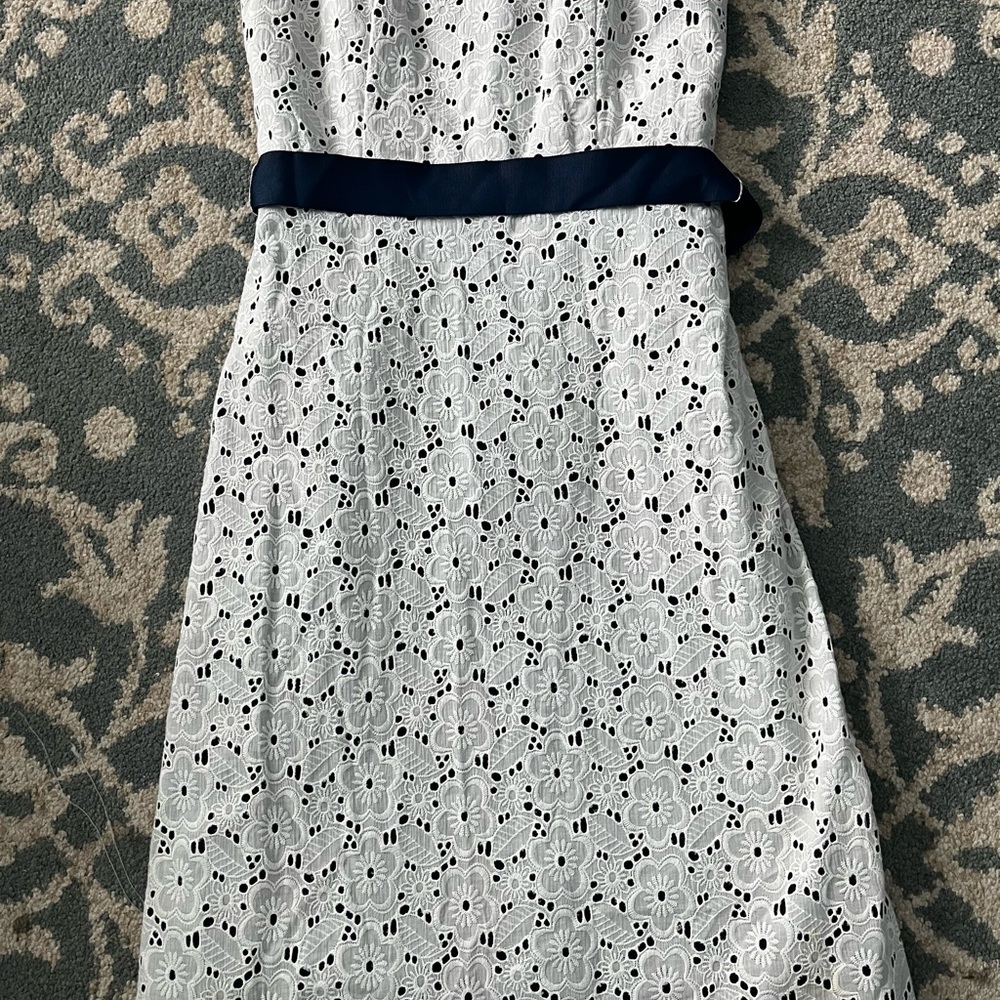 Melly M. White Eyelet Dress with Navy Belt